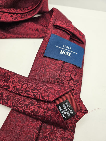 Moss 1851 Silk Tie Mens Burgundy Red Paisley Woven Jacquard Vintage Neck Tie BX1