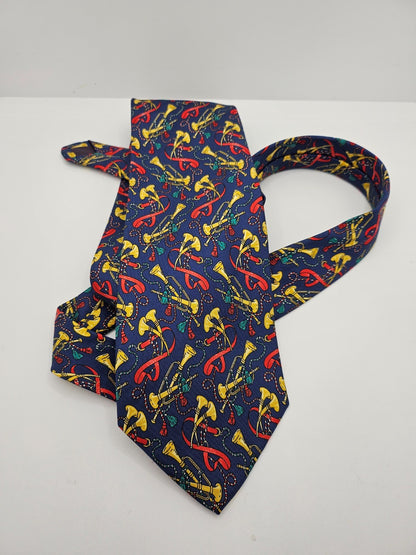 T.M. Lewin & Sons Silk Tie Mens Navy Horn Equestrian Trumpet Retro Neck Tie BX20