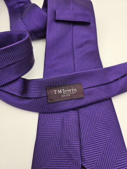 T.M.Lewin Mens Silk Tie Purple Herringbone Vtg Retro Wedding Neck Tie