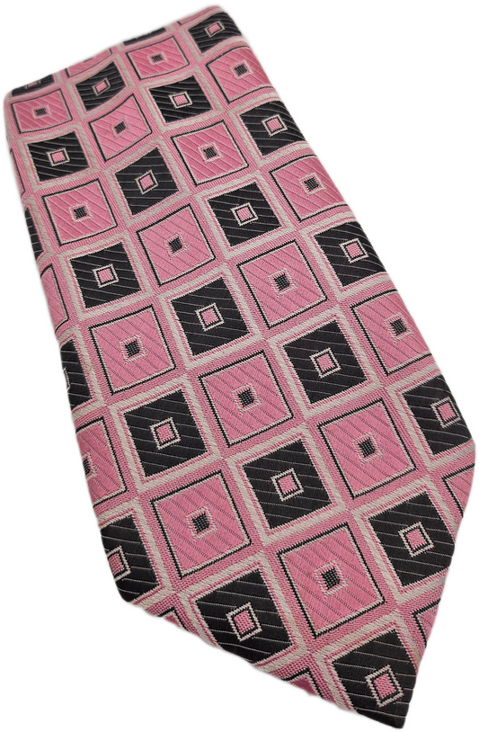 Tootal Silk Tie Mens Pink Black Geometric Square Vintage Wedding Neck Tie BX25