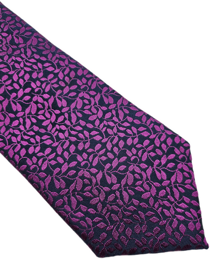Marks & Spencer Silk Tie Mens Navy Purple Allover Leaf Vine Retro Neck Tie BX2