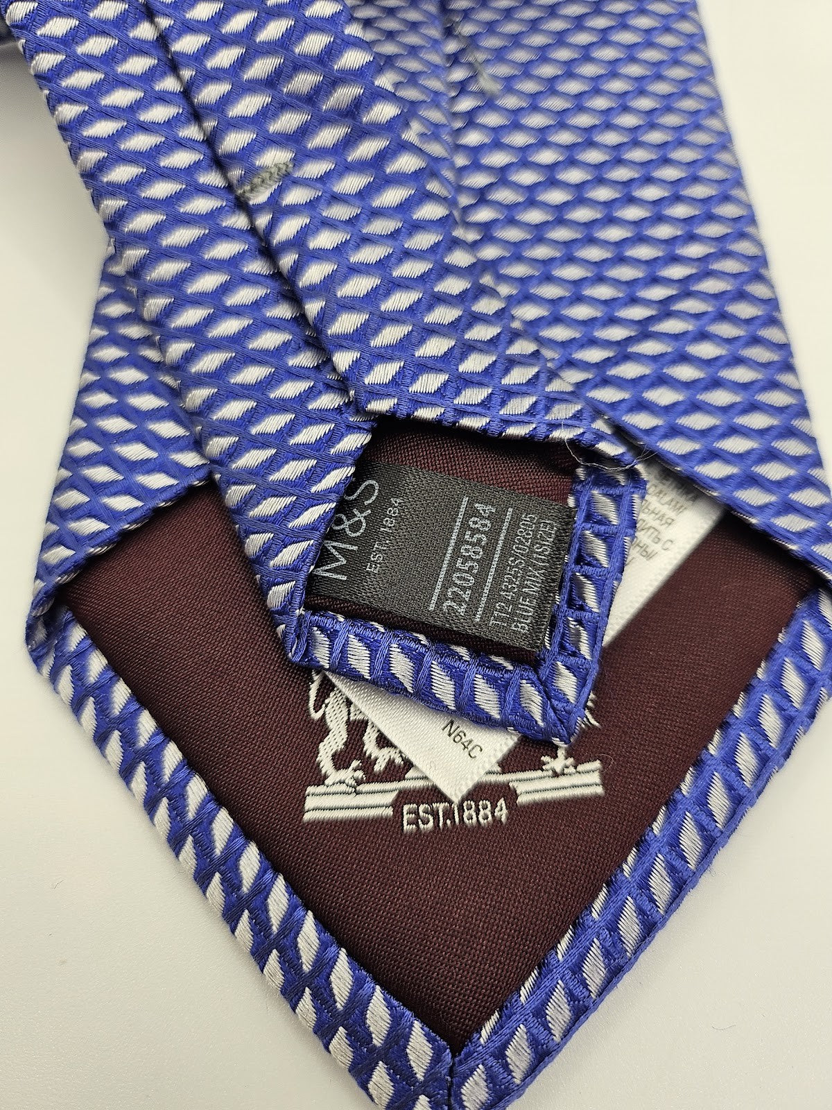 M&S Mens Silk Tie Blue White Geometric Diamond Vtg Retro Wedding Neck Tie