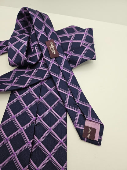 T.M.Lewin Silk Tie Mens Navy Blue Purple Windowpane Plaid Grid Vtg Neck Tie BX21