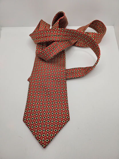 Cavenagh Silk Tie Mens Red Gold Woven Geometric Diamond Mosaic Vtg Neck Tie BX21