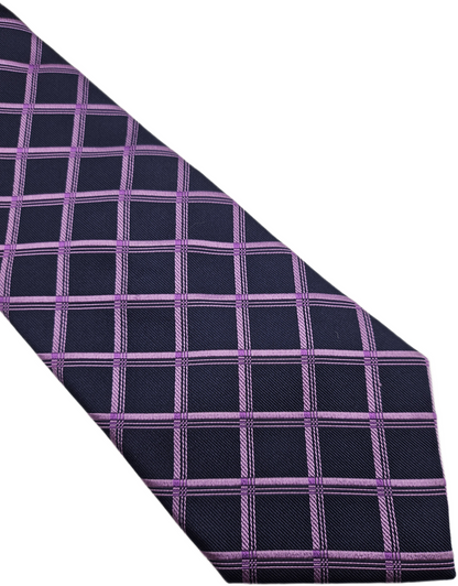 T.M.Lewin Silk Tie Mens Navy Blue Purple Windowpane Plaid Grid Vtg Neck Tie BX21