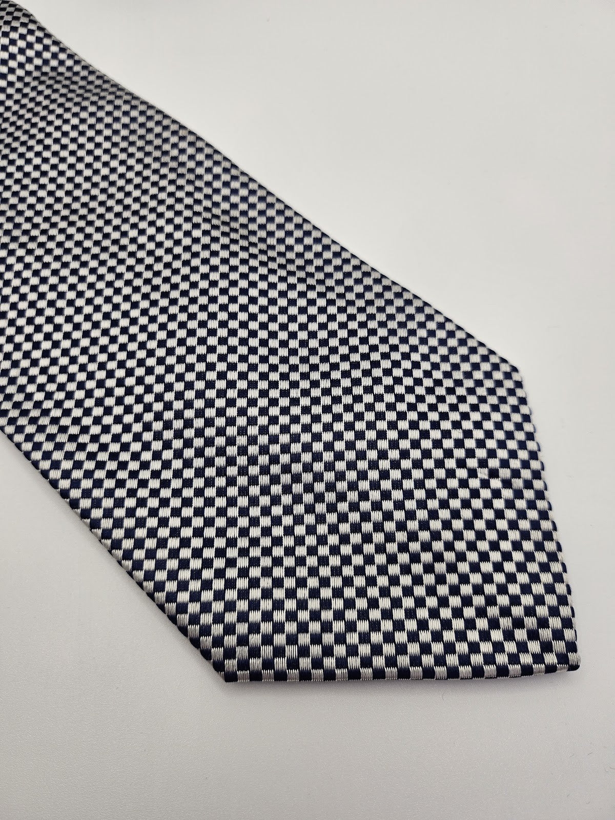 Unknown Mens Silk Tie Navy Blue White Checked Vtg Retro Wedding Neck Tie