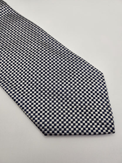 Unknown Mens Silk Tie Navy Blue White Checked Vtg Retro Wedding Neck Tie