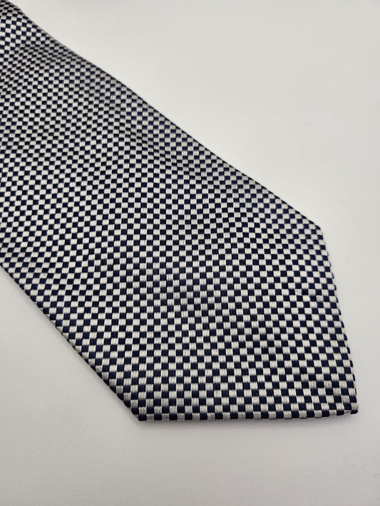Navy Blue White Checked Silk Tie