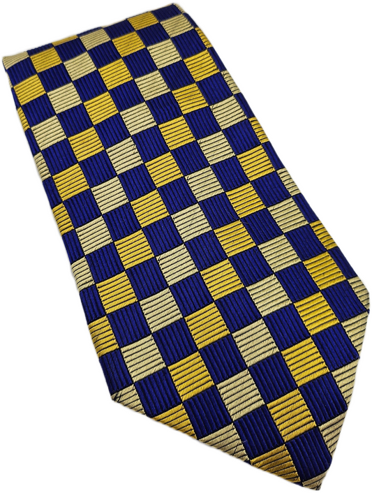 T.M. Lewin Silk Tie Mens Blue Gold Checkered Designer Business Vtg Neck Tie BX23