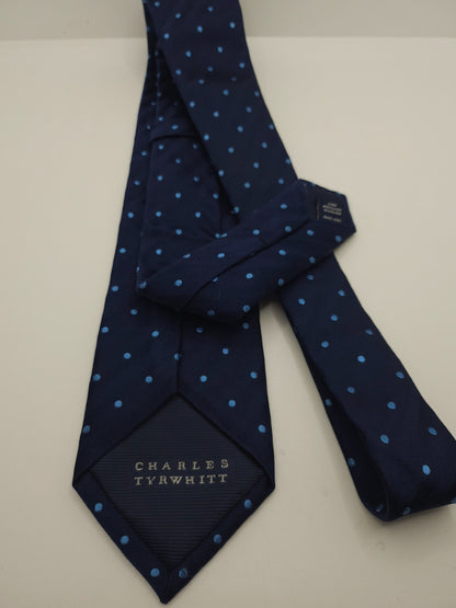 Charles Tyrwhitt Silk Tie Mens Navy Light Blue Polka Dots Classic Neck Tie BX11