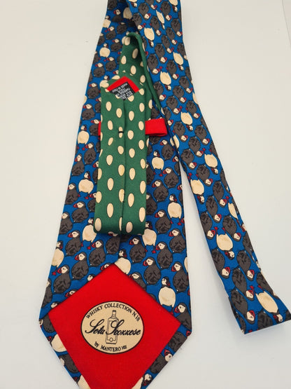 Blue Whiskey Puffin bird Pattern Silk Tie | Designer Mens Tie UK Vintage Mens Tie UK BX14