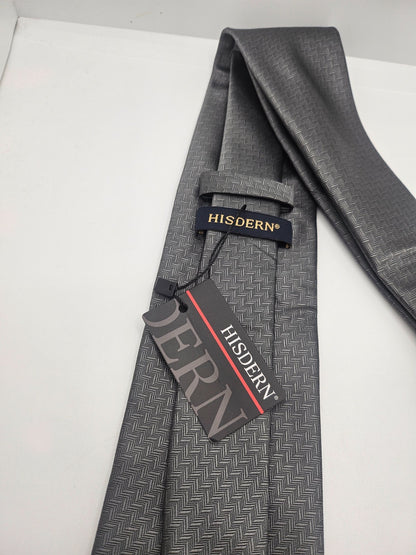 Hisdern Silk Tie Mens Charcoal Grey Herringbone Business Vtg Retro Neck Tie BX24