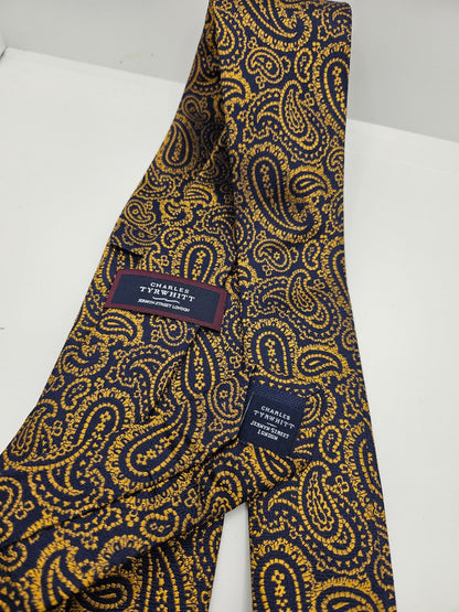Charles Tyrwhitt Gold Navy Blue Paisley Textured Silk Tie