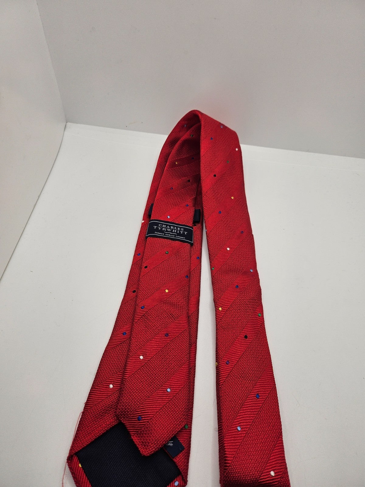 Charles Tyrwhitt Silk Tie Mens Red Textured Stripe Polka Dot Retro Neck Tie BX21