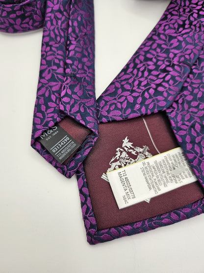 M&S Mens Silk Tie Purple Magenta Floral Vtg Retro Wedding Neck Tie