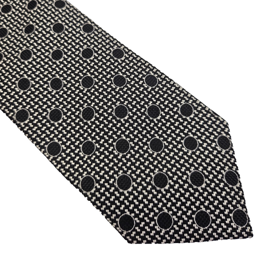 Drakes Mens Silk Tie Black Grey Medalion Polka Dot Vtg Retro Wedding Neck Tie R9