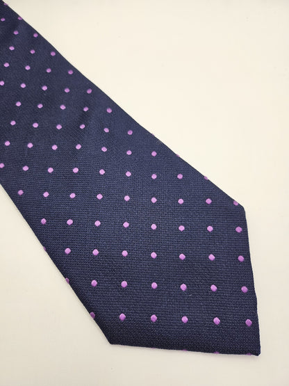 T.M.Lewin Mens Silk Tie Navy Blue Dotted Vtg Retro Wedding Neck Tie