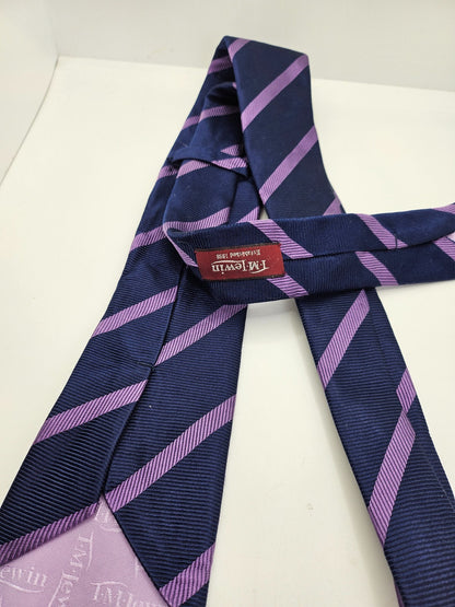 T.M. Lewin Silk Tie Mens Navy Purple Striped Designer Business Vtg Neck Tie BX23