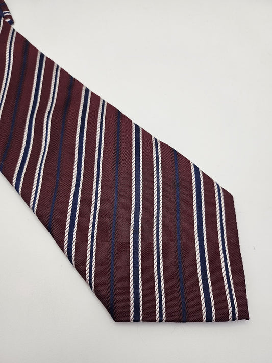 T.M.Lewin Mens Silk Tie Burgundy Blue Striped Vtg Retro Wedding Neck Tie