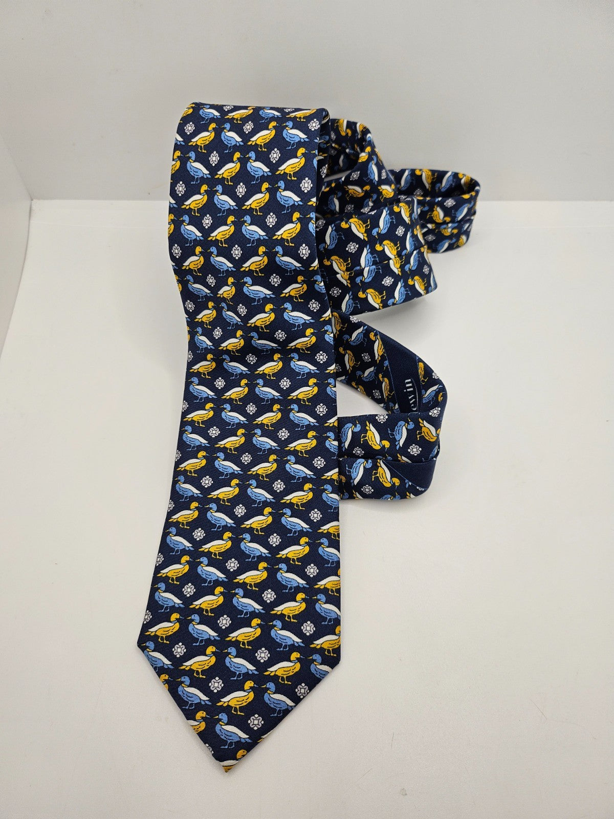 T.M. Lewin Silk Tie Men Navy Blue Yellow Mallard Duck Waterfowl Vtg Necktie BX20