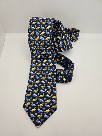 T.M. Lewin Silk Tie Men Navy Blue Yellow Mallard Duck Waterfowl Vtg Necktie BX20