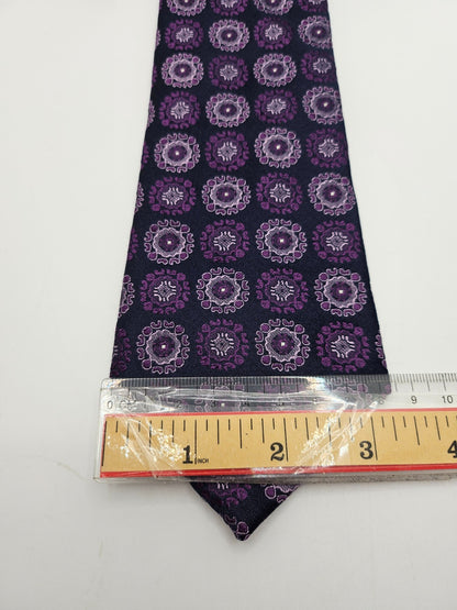 T.M.Lewin Silk Tie Mens Purple Navy Woven Geometric Medallion Retro Necktie BX21