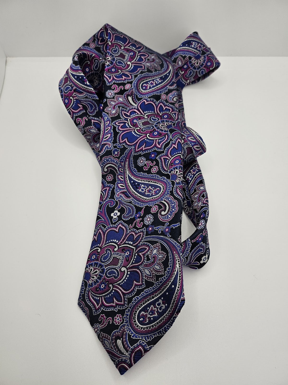 Mens Silk Tie Purple Blue Paisley Vtg Retro Wedding Neck Tie