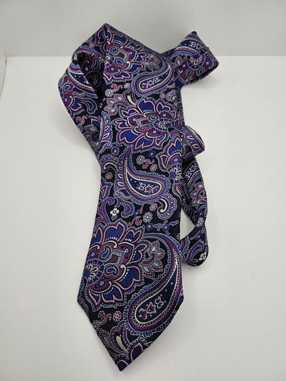 Mens Silk Tie Purple Blue Paisley Vtg Retro Wedding Neck Tie