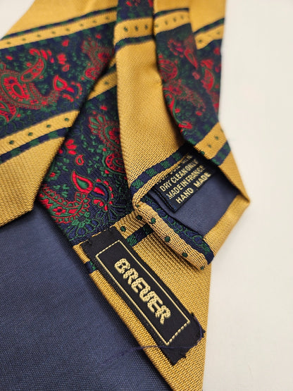 Breuer Mens Silk Tie Gold Black Paisley Statement Vtg Retro Wedding Neck Tie R1