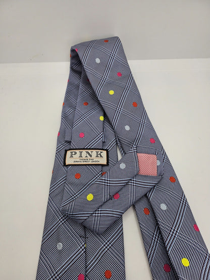 Thomas Pink Grey Glen Plaid Polka Dots Silk Tie