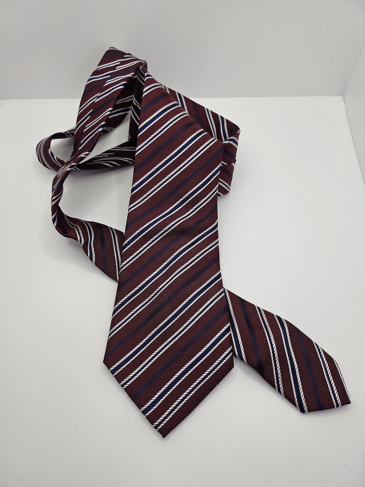 T.M.Lewin Mens Silk Tie Burgundy Blue Striped Vtg Retro Wedding Neck Tie