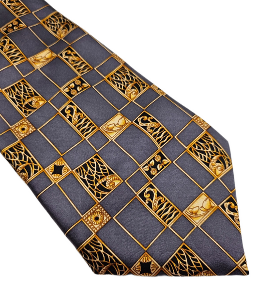 Lanvin Paris Mens Silk Tie Gold Grey Geometric Vintage Retro Wedding Neck Tie R1