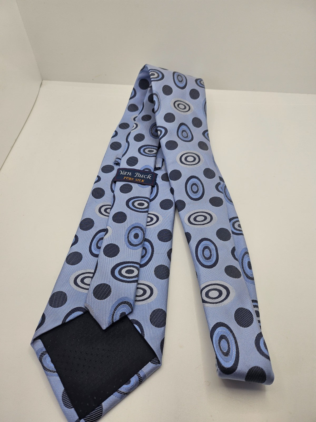 Van Buck Silk Tie Mens Blue White Geometric Pattern Vintage Wedding Neck Tie BX2