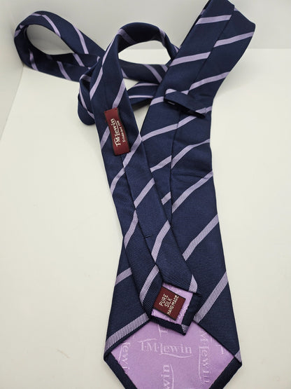 T.M. Lewin Silk Tie Mens Navy Purple Diagonal Pinstripe Vintage Neck Tie BX26