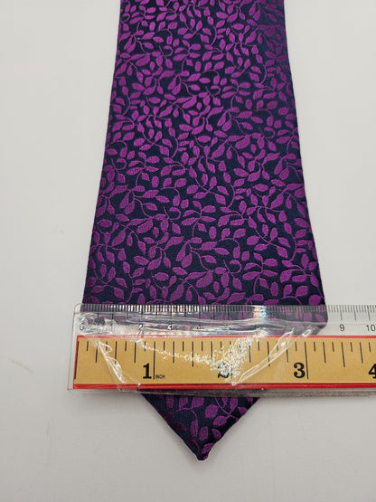 Marks & Spencer Silk Tie Mens Navy Purple Allover Leaf Vine Retro Neck Tie BX2