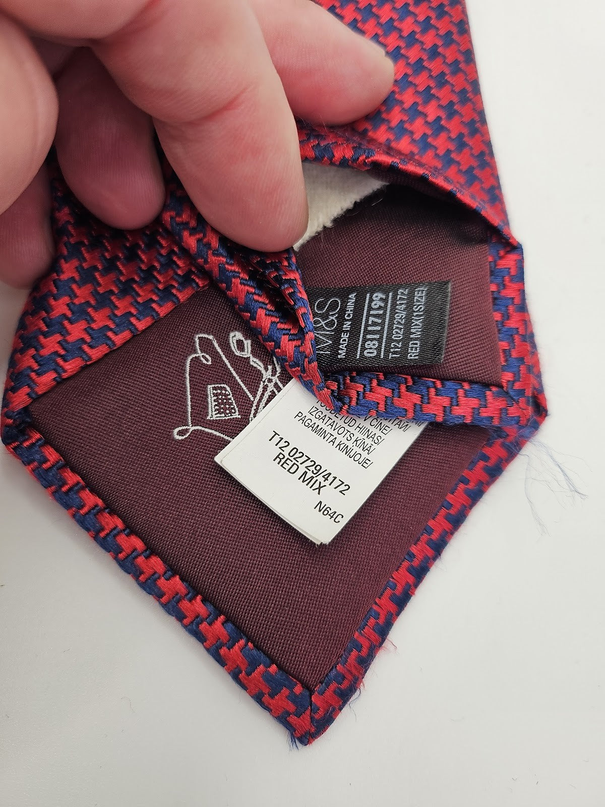 M&S Mens Silk Tie Red Blue Houndstooth Geometric Vtg Retro Wedding Neck Tie