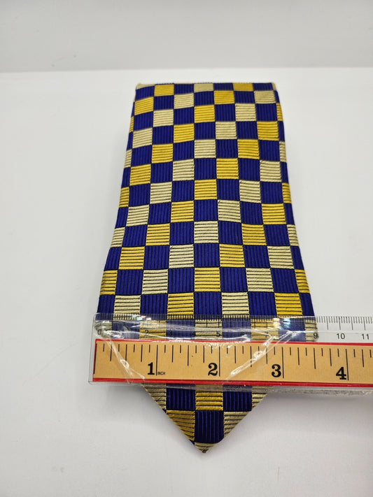 T.M. Lewin Silk Tie Mens Blue Gold Checkered Designer Business Vtg Neck Tie BX23