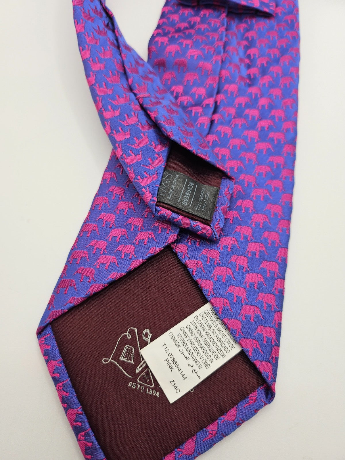 Marks & Spencer Silk Tie Mens Blue Pink Micro Elephant Novelty Vtg Neck Tie BX26