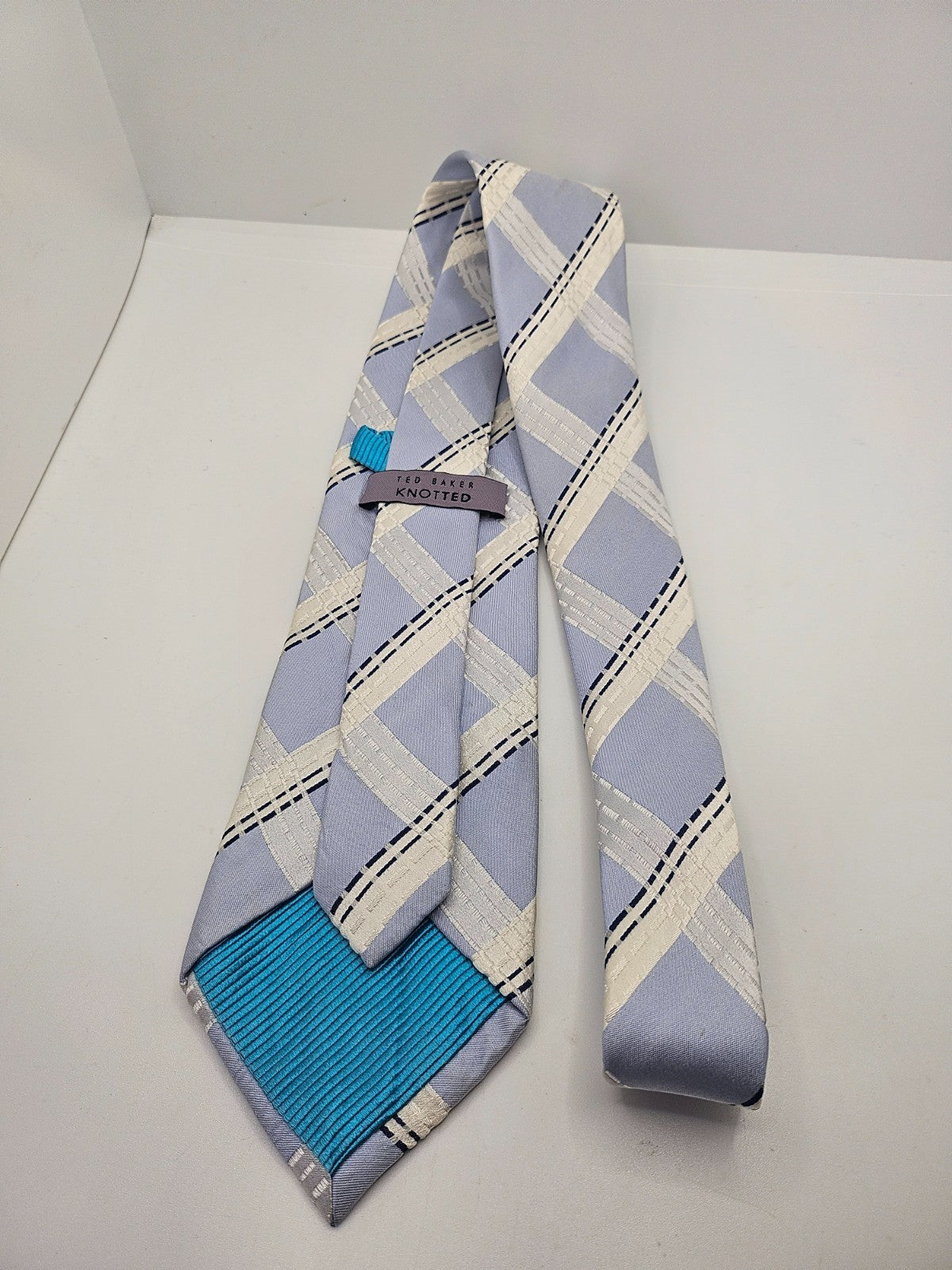 Ted Baker Knotted Silk Tie Mens Blue Plaid Designer Luxury Vintage Neck Tie BX15