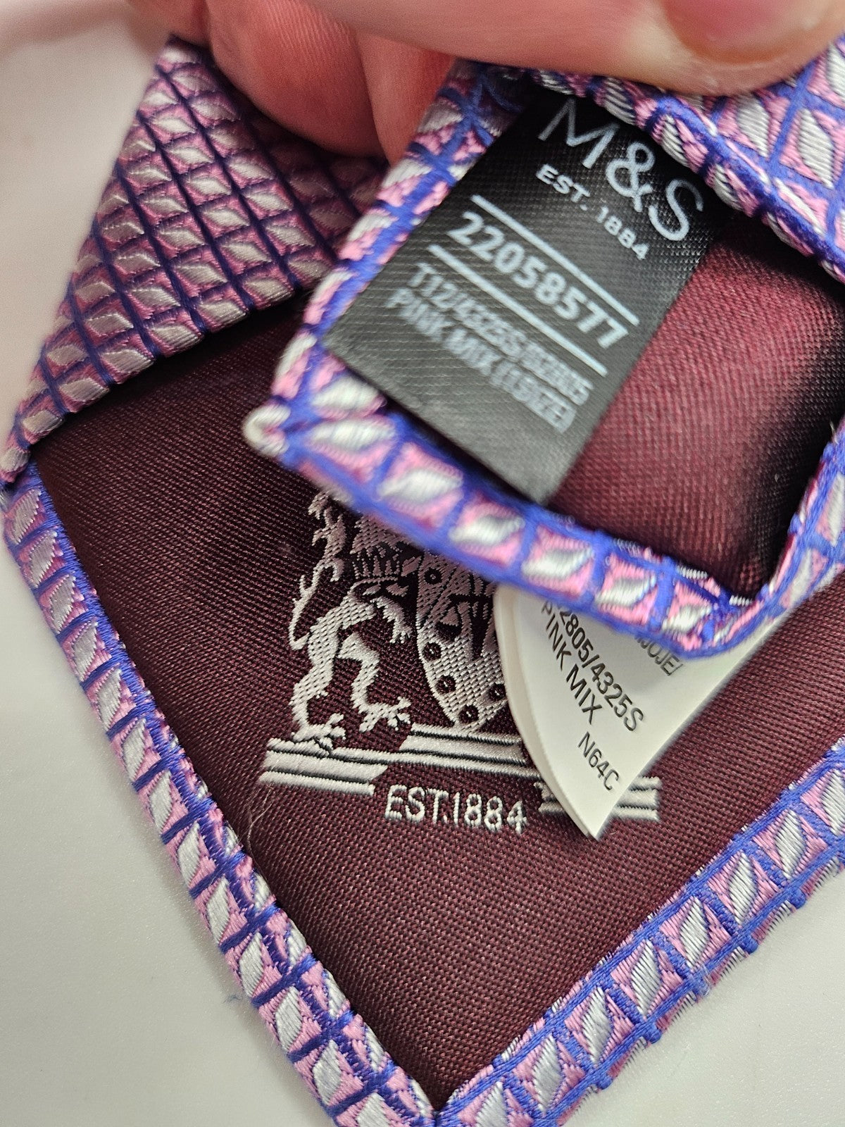 Marks & Spencer Silk Tie Mens Purple Geometric Diamond Grid Retro Neck Tie BX21