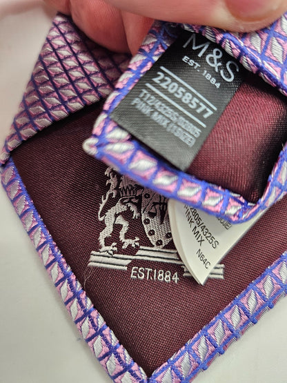 Marks & Spencer Silk Tie Mens Purple Geometric Diamond Grid Retro Neck Tie BX21