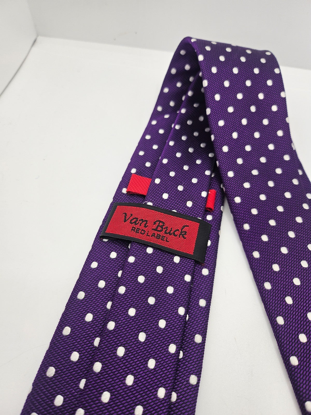 Van Buck Silk Tie Mens Purple White Polka Dot Textured Vtg Wedding Neck Tie BX2