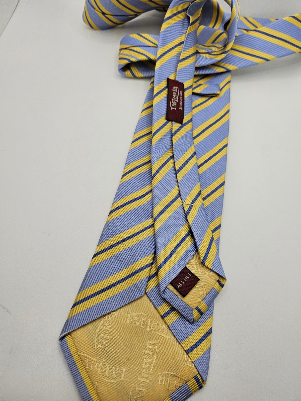 T.M. Lewin Silk Tie Mens Light Blue Yellow Diagonal Repp Stripe Vtg Necktie BX26