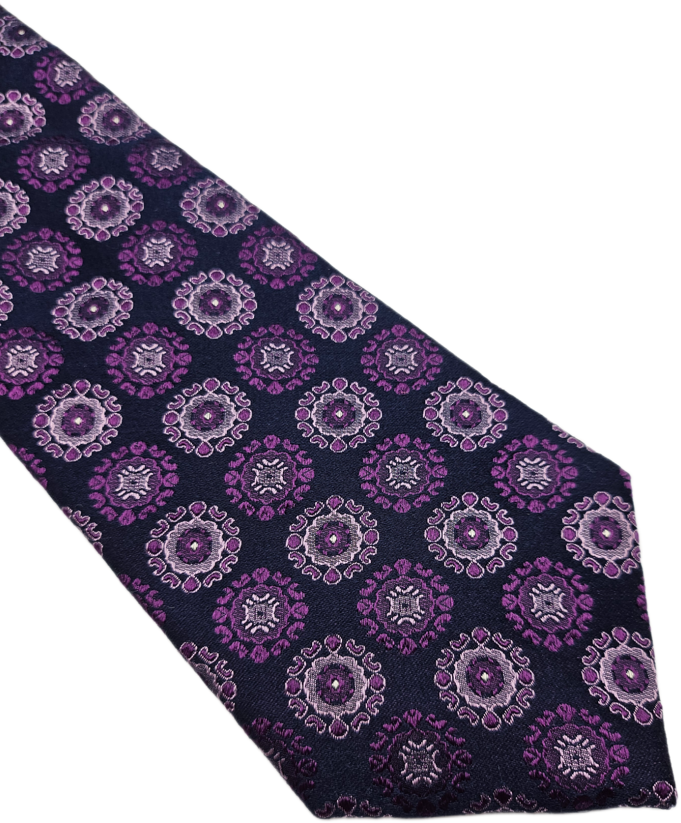 T.M.Lewin Silk Tie Mens Purple Navy Woven Geometric Medallion Retro Necktie BX21
