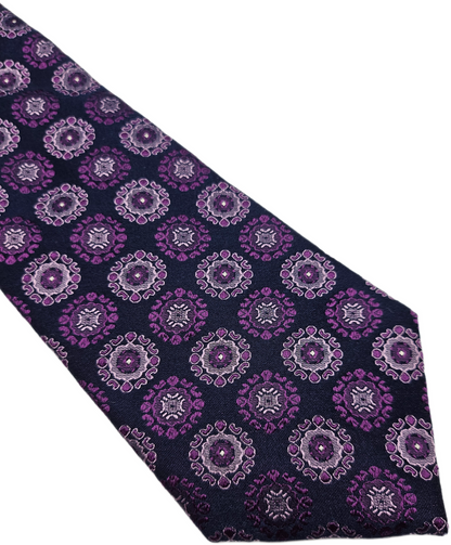 T.M.Lewin Silk Tie Mens Purple Navy Woven Geometric Medallion Retro Necktie BX21