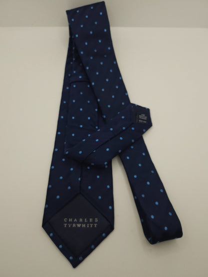 Charles Tyrwhitt Silk Tie Mens Navy Light Blue Polka Dots Classic Neck Tie BX11