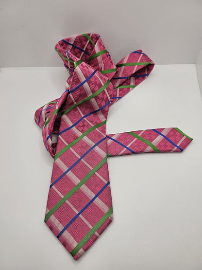 T.M.Lewin Mens Silk Tie Pink Green Blue Checked Vtg Retro Wedding Neck Tie