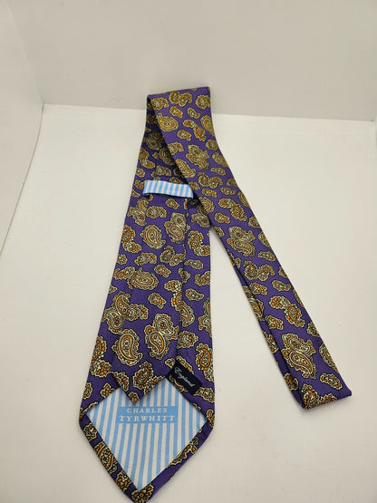 Charles Tyrwhitt Silk Tie Men Purple Gold Paisley Wedding Retro Vtg Necktie BX26