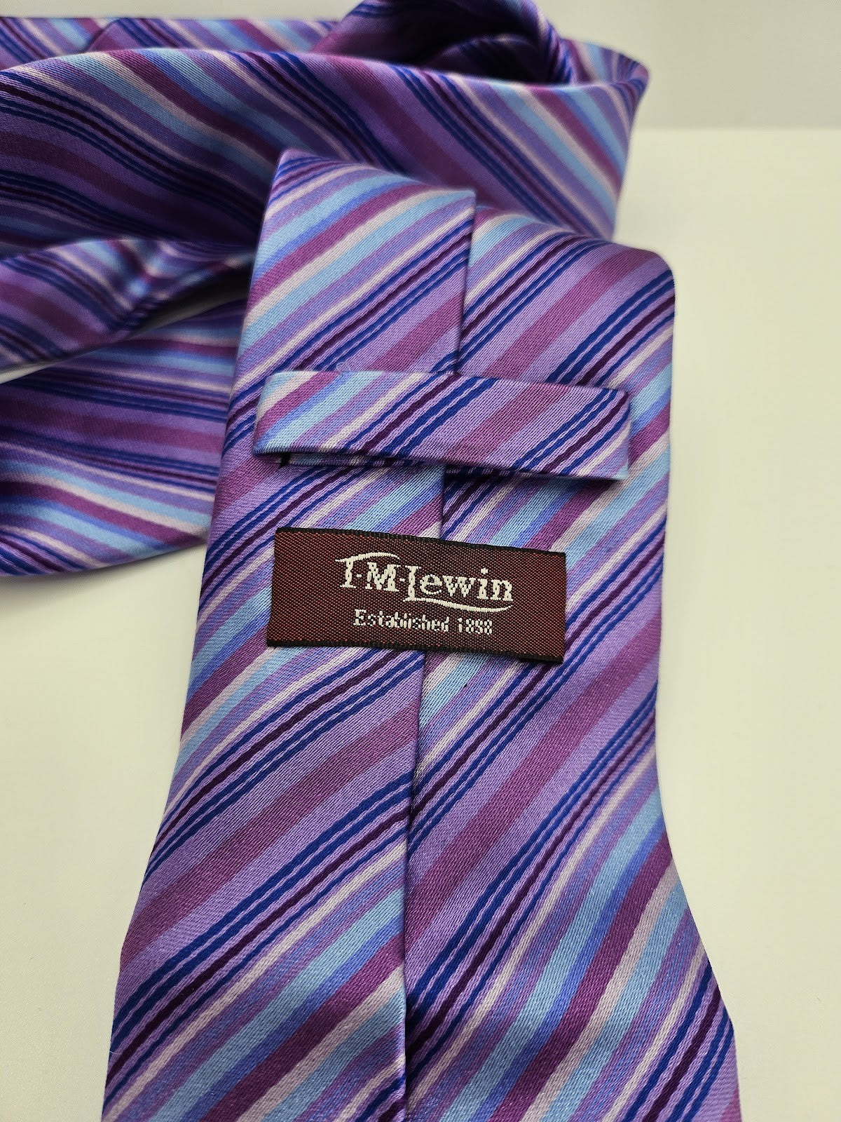 T.M.Lewin Mens Silk Tie Purple Blue Striped Vtg Retro Wedding Neck Tie