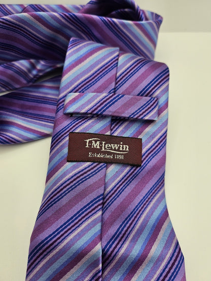 T.M.Lewin Mens Silk Tie Purple Blue Striped Vtg Retro Wedding Neck Tie